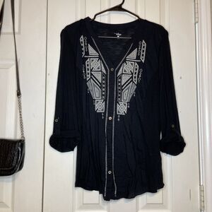 Large Great Northwest Indigo Black Embroidered Boho Blouse Long Sleeve V-Neck